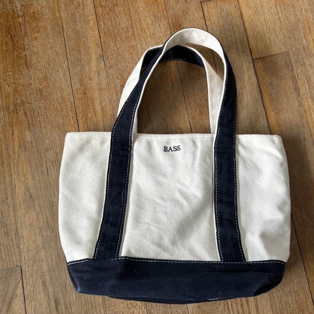 GH Bass Canvas Tote Bag Navy Blue Cream Zipper Top Boat Bag Small Med Mens Wmns
